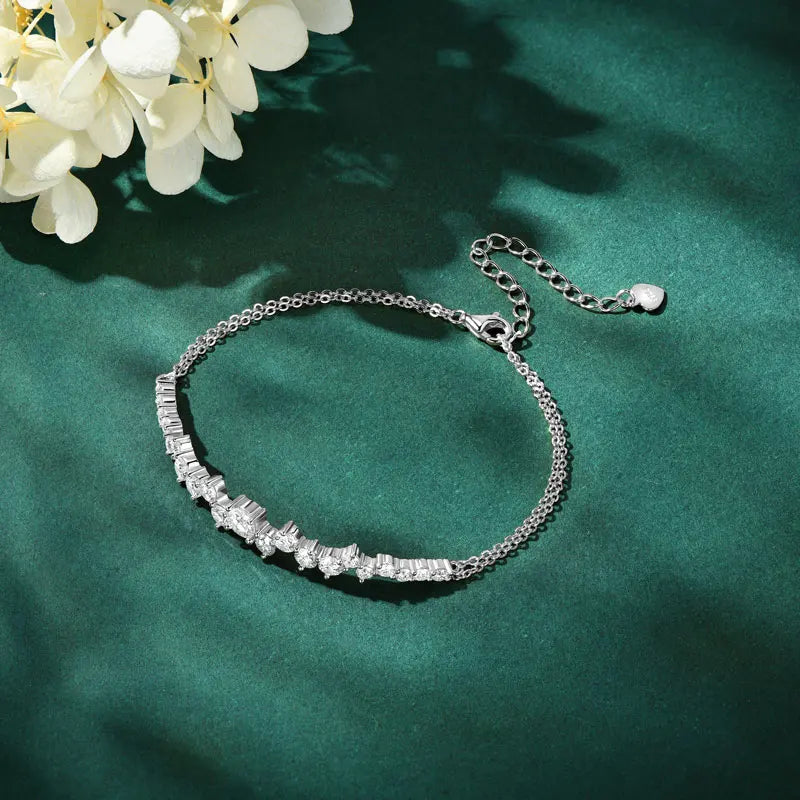 Lnngy Moissanite Bracelet With Certificate 925 Sterling Silver Adjustable Double Chain Bracelets for Women Wedding Jewelry Gift