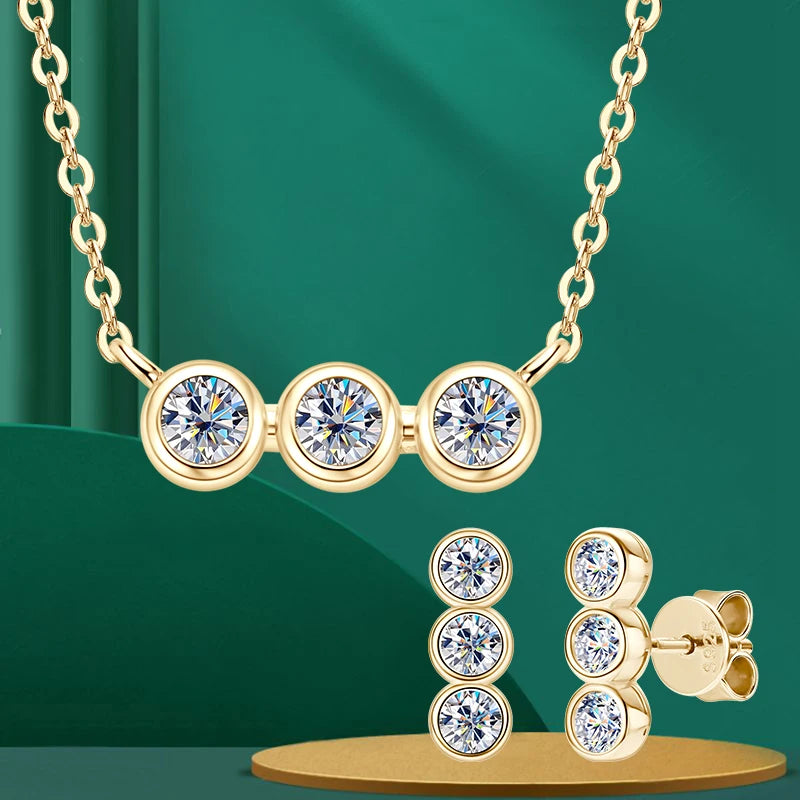 Lnngy 925 Sterling Silver Three Stone Stud Earrings Bracelets 3mm 0.1ct Moissanite Necklace Bracelet For Women Jewelry Set