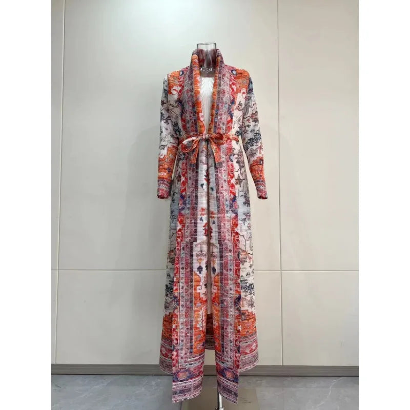 KAF Pleated Women Large Size Trench Coat 2024 Spring and Autumn New Vintage Printed Design Female Robe Arab Luxury Abaya