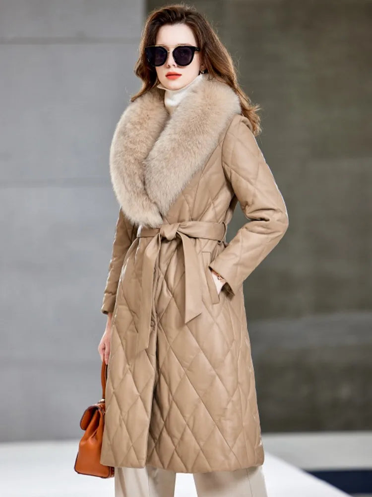 Women Winter Warm Sheepskin Long Down Jacket Belted Fox Fur Collar Elegant Lady Genuine Leather Overcoat Windproof Trench Coat
