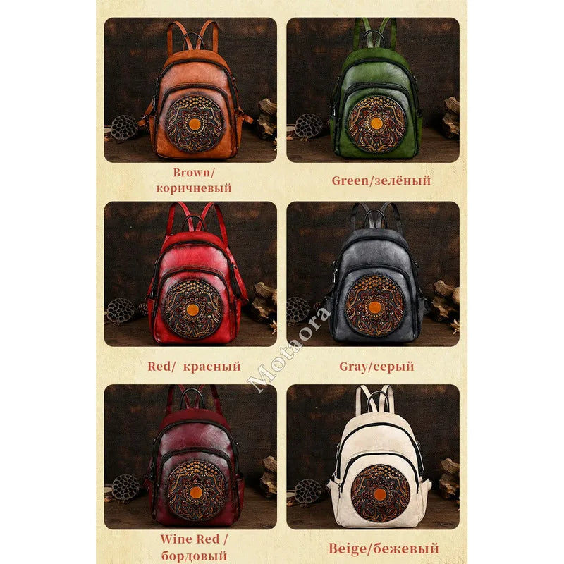 MOTAORA Vintage Leather Backpack Women Large Capacity Embossed Casual Travel Backpack Anti-Theft Waterproof Handbag Purse
