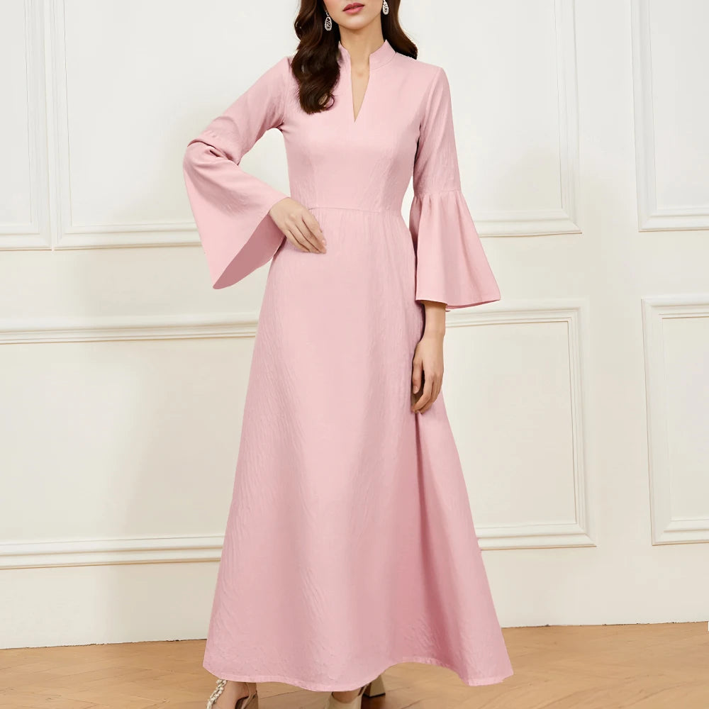 Rafiah Summer Long Dresses 2025 Decent Elegant Solid Color Long Sleeve V-Neck Midi A-Line Evening Dresses For Women