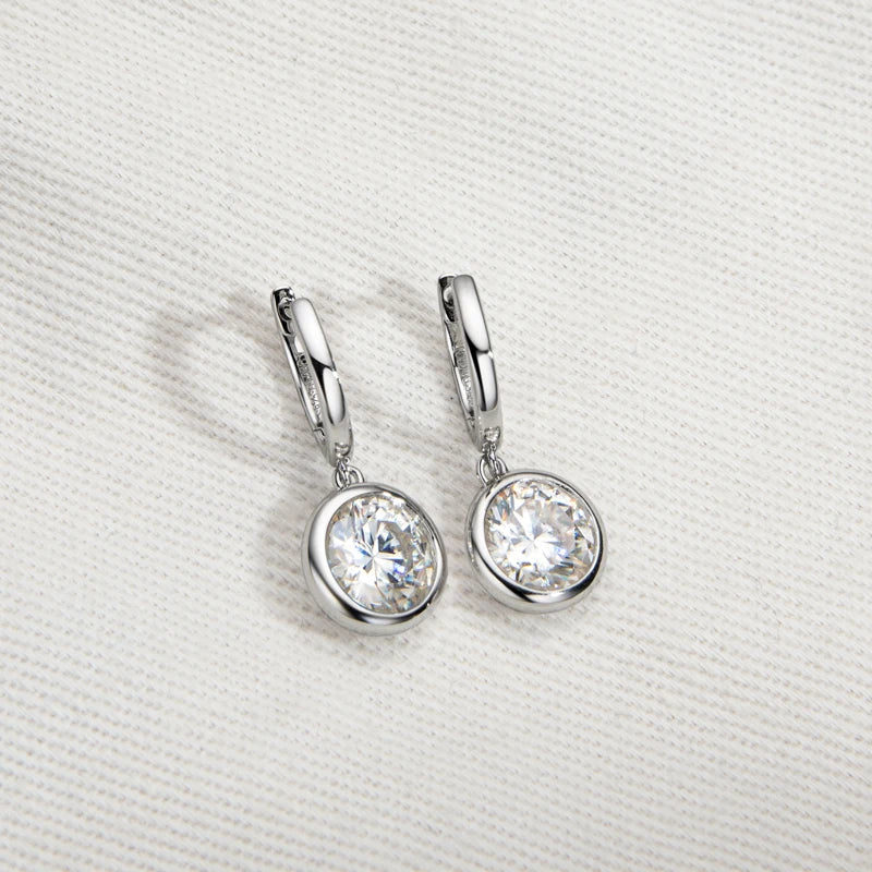 Lnngy 925 Sterling Silver Dangle Earring 1CT 2CT Round Bezel Setting Moissanite Drop Earrings For Women Girl Birthday Party Gift