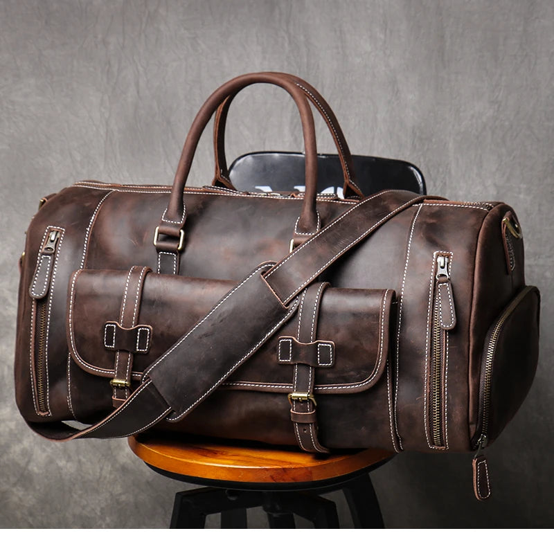 MUNUKI Vintage Crazy Horse Genuine Leather Travel bag Large Luggage bag men Leather duffle bag Large Weekend Bag Tote Big