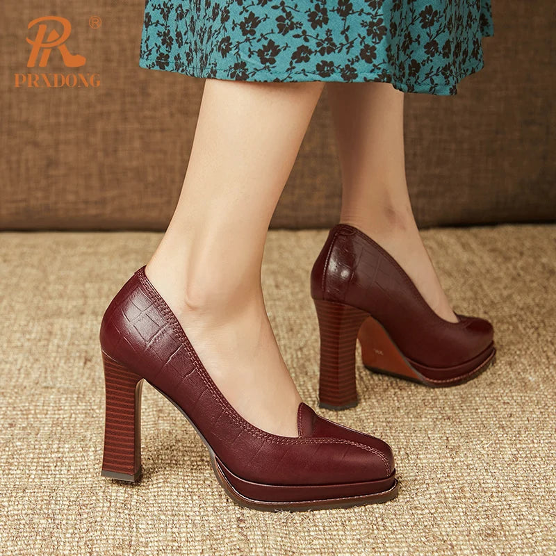 Women’s Genuine Leather Retro Platform High Heels – Black & Brown