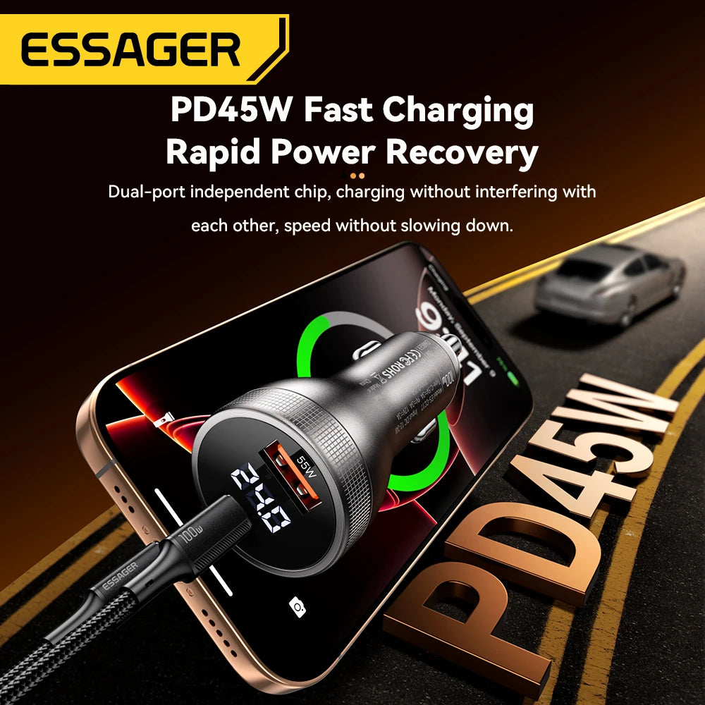Essager 100W Car Charger USB C Quick Charge PD 45W for iPhone 15 pro 14 Xiaomi Poco Samsung Galaxy S24 Fast Charger Charging