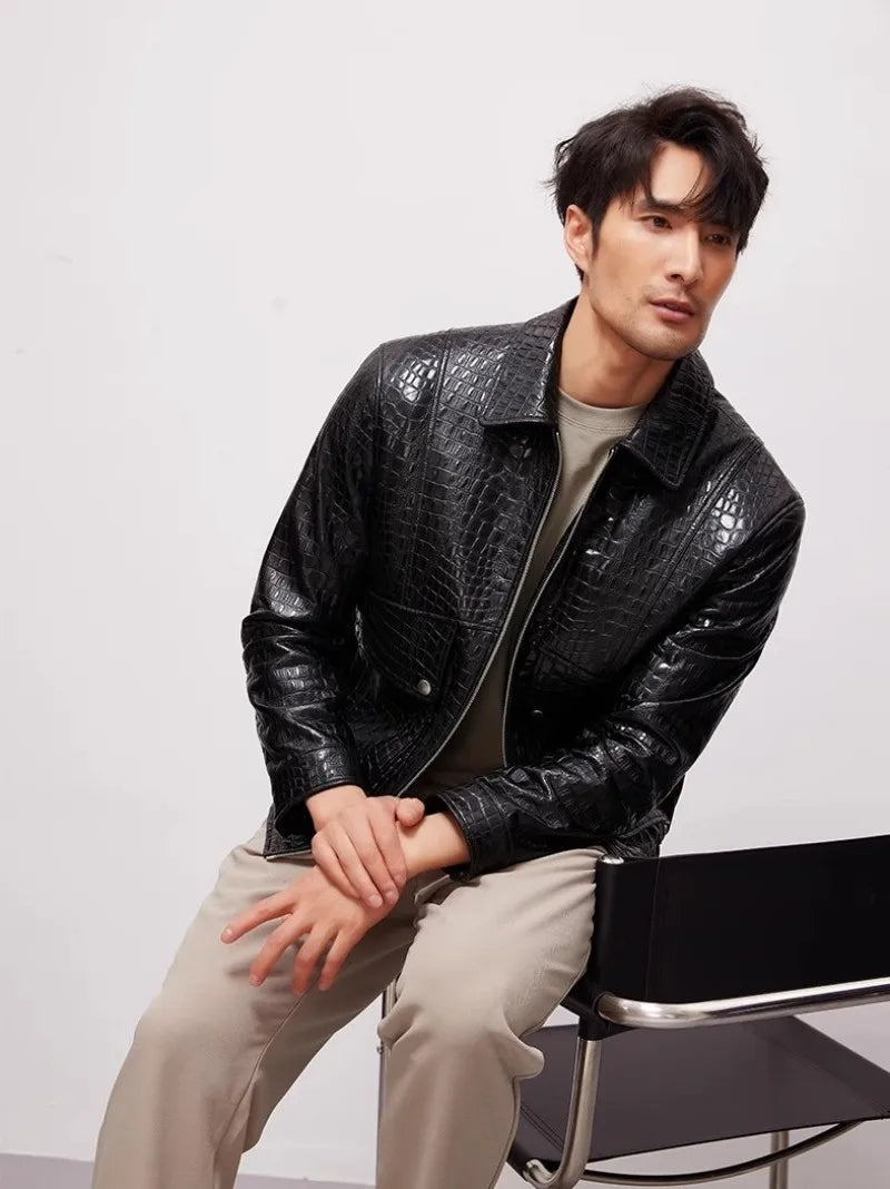 Designer Mens Genuine Leather Jacket Zipper Lapel High Quality Sheepskin Motorcycle Short Coat Spring Autumn Punk Outerwear Male