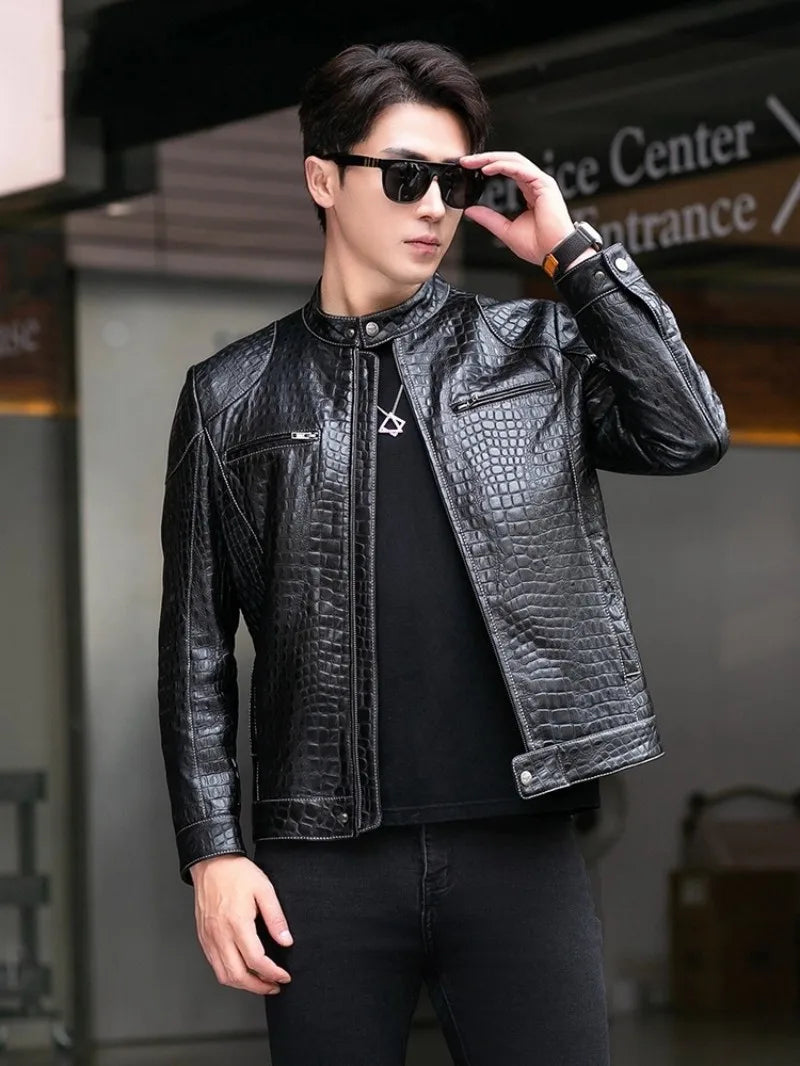 Males Luxury Natural Sheepskin Crocodile Pattern Jacket Stand Collar Slim Fit Straight Autumn Genuine Leather Motorcycle Jackets