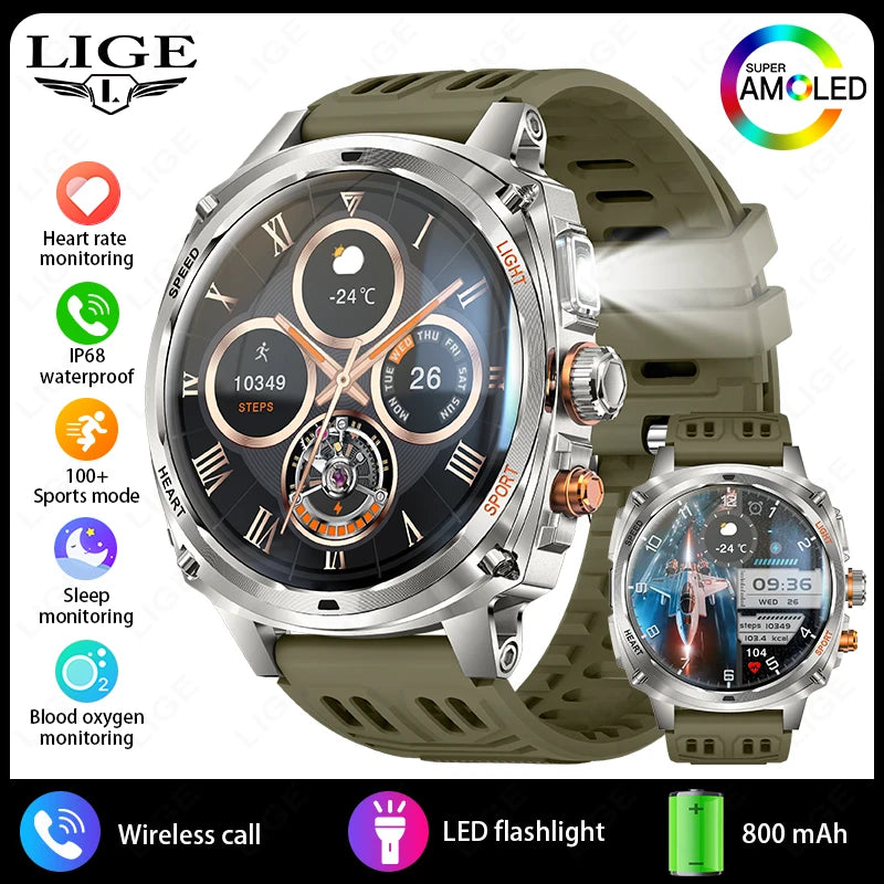 LIGE Rugged Military 1.75-inch AMOLED Screen Smart Watch With LED Flashlight 800mAh Battery Bluetooth Call Smart Watch Men Gift