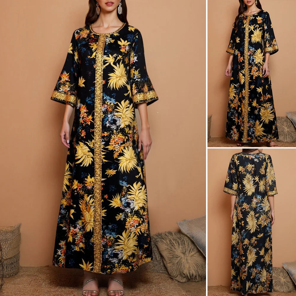 Rafiah Women's Arabian Dress Autumn Winter 2025 Women's Traditional Opulent Full Print Short Sleeve V-Neck Flowy Hem Long Dress