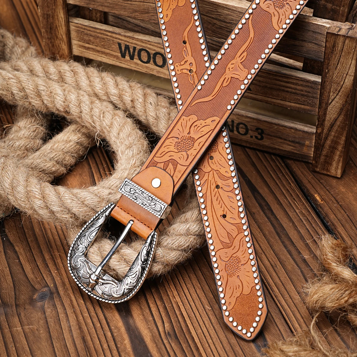 Men Women-Western-Cowboy-PU Leather-Belts - Vintage Belt Floral Engraved Buckle Belt for Jeans