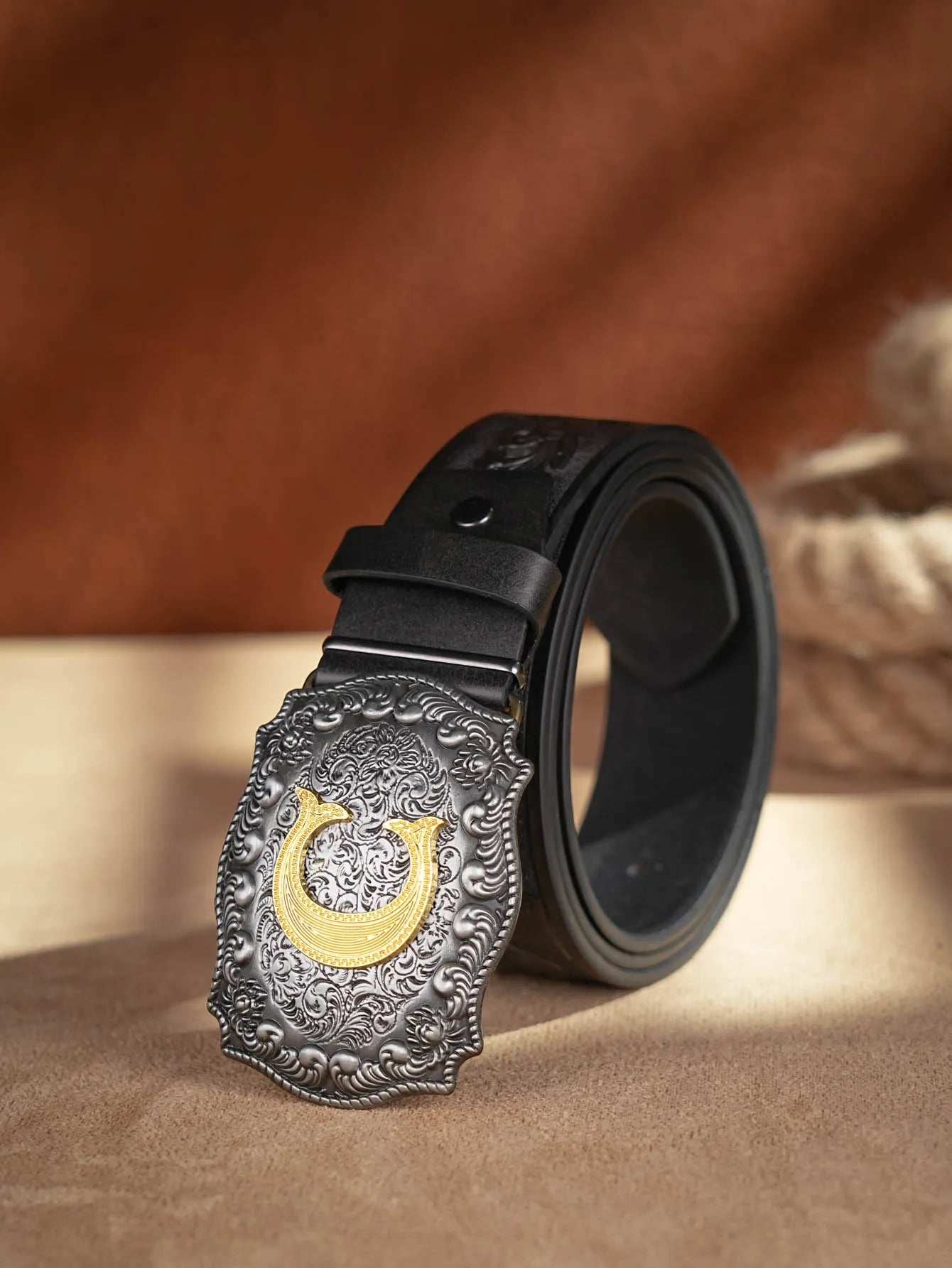 Western Cowboy PU Leather Belt - Men Waist Strap Bull Decoration Floral Engraved for Jeans