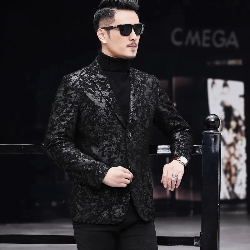 Business Men Work Slim Fit Real Sheepskin Genuine Leather Jacket Spring Autumn Floral Printed Single Breasted Blazer Suit Coat