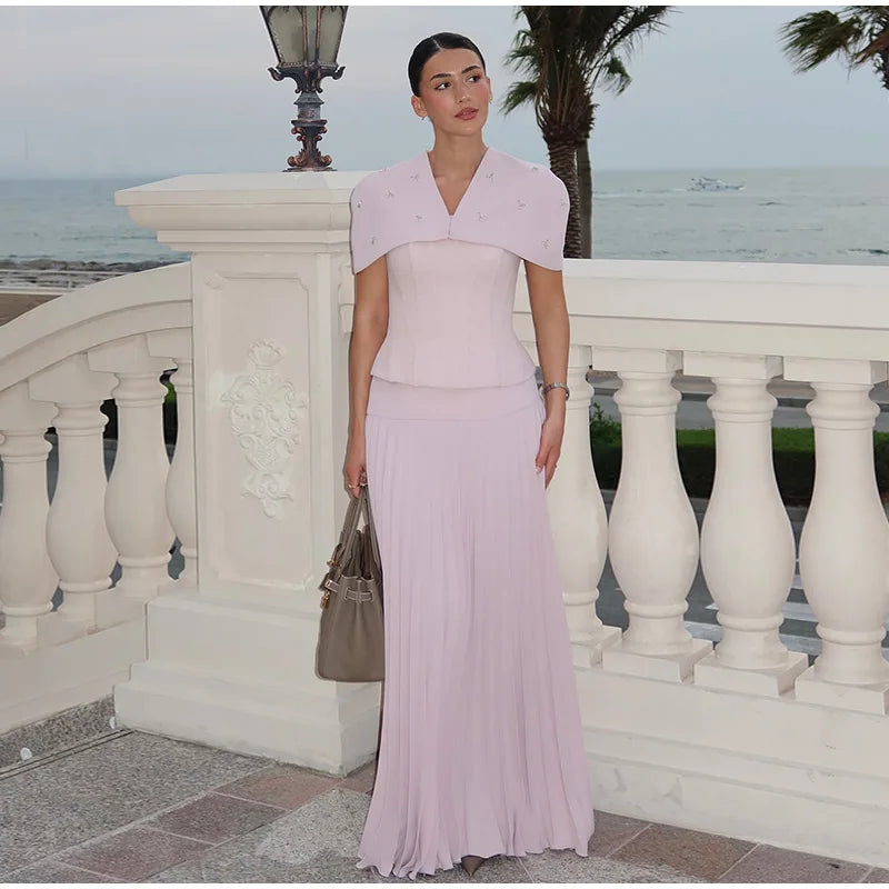 Elegant Shawl Pleated Diamonds Maxi Dress – Women’s Sleeveless High Waist Patchwork Evening Dress