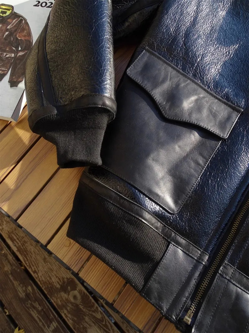 Mens Oil Waxed Sheepskin Motorcycle Short Coat Lapel Winter Real Fur Jackets Warm Wool Lining Genuine Leather Pilot Jacket Male