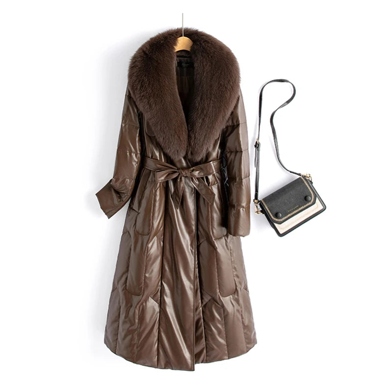 New Women Winter Leather Down Coat Fashion Real Fox Fur Collar Slim Waist Long Leather Coat Casual Thick Warm Overcoat