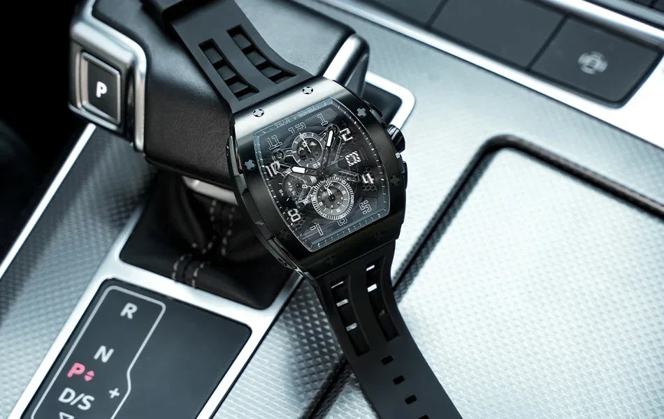 TSAR BOMBA Luxury Mens Watch Top Brand Wristwatch Tonneau Clock Rubber Strap Chronograph Sapphire Watches for Men