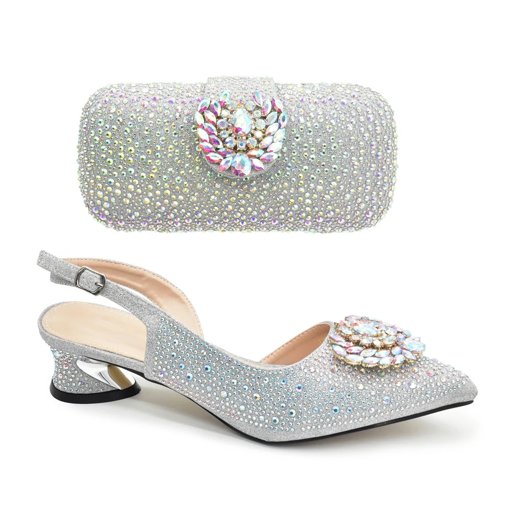 New Italian Shoe and Bag 2025 High Quality Luxury Full Diamond Italian Shoes and Bags Matching Set Decorated with Rhinestone