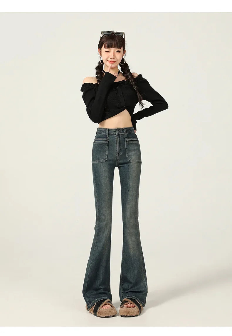 American Style Vintage Jeans Women's Slim Fit High Street Bootcut Pants 2024 Autumn Winter Slimming Petite Bootcut Trousers