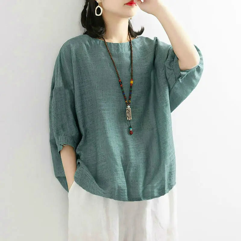 plus Size Women's Cotton T-irt ort Sve Summer New Sle Pure Linen Mid-Age Women's Faionable Commute Ethnic Sle Lo...