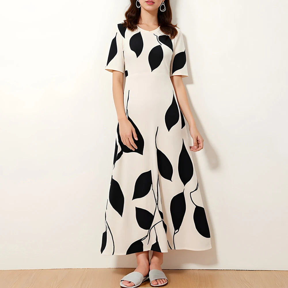 Rafiah Summer Arabian Dress 2025 Fashion Decent Contrast Color Short Sleeve V-Neck Midi A-Line Long Dress For Women