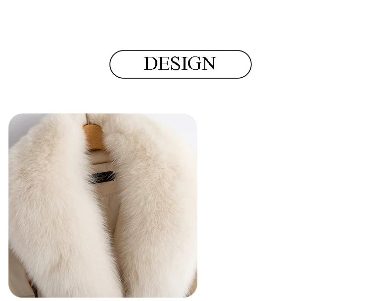 New Women Winter Leather Down Coat Fashion Real Fox Fur Collar Slim Waist Long Leather Coat Casual Thick Warm Overcoat
