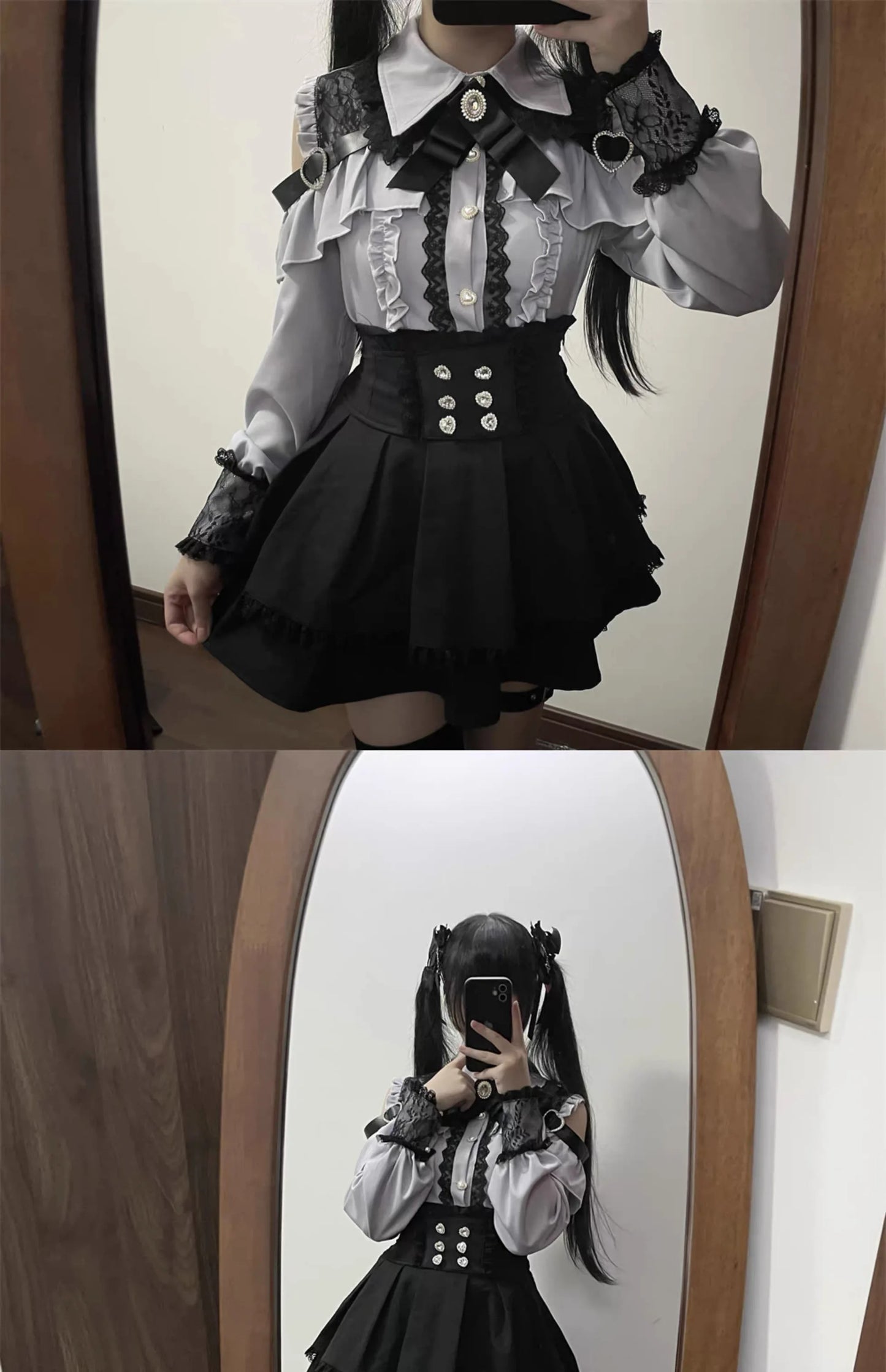 Kawaii Off Shoulder Long Sleeve Shirts Women Black Short Skirt Set Y2K Gothic Ruffle Skirts Lace Lolita Shirt Gown Suit 