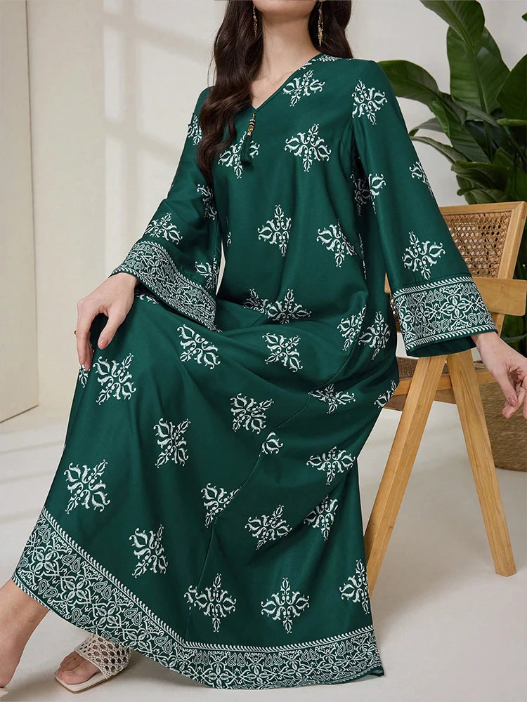 Rafiah dresses 2025 Woman Ramadan Arabic Floral Print V-Neck Long Sleeve Dress for Women Evening Dresses 2025
