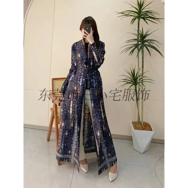 KAF Pleated Large Size Women Trench Coat 2024 Spring and Autumn New Vintage Printed Design Luxury Female Coat Arabian Abaya