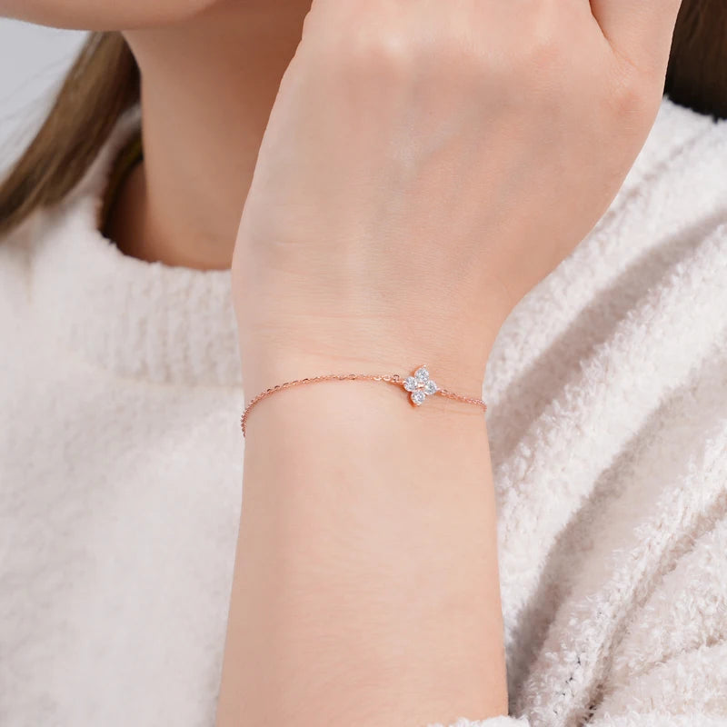 Lnngy Moissanite Four Leaf Flower Chain Bracelet for Women 925 Sterling Silver Niche Simple Desgin Bracelets Jewelry Accessories