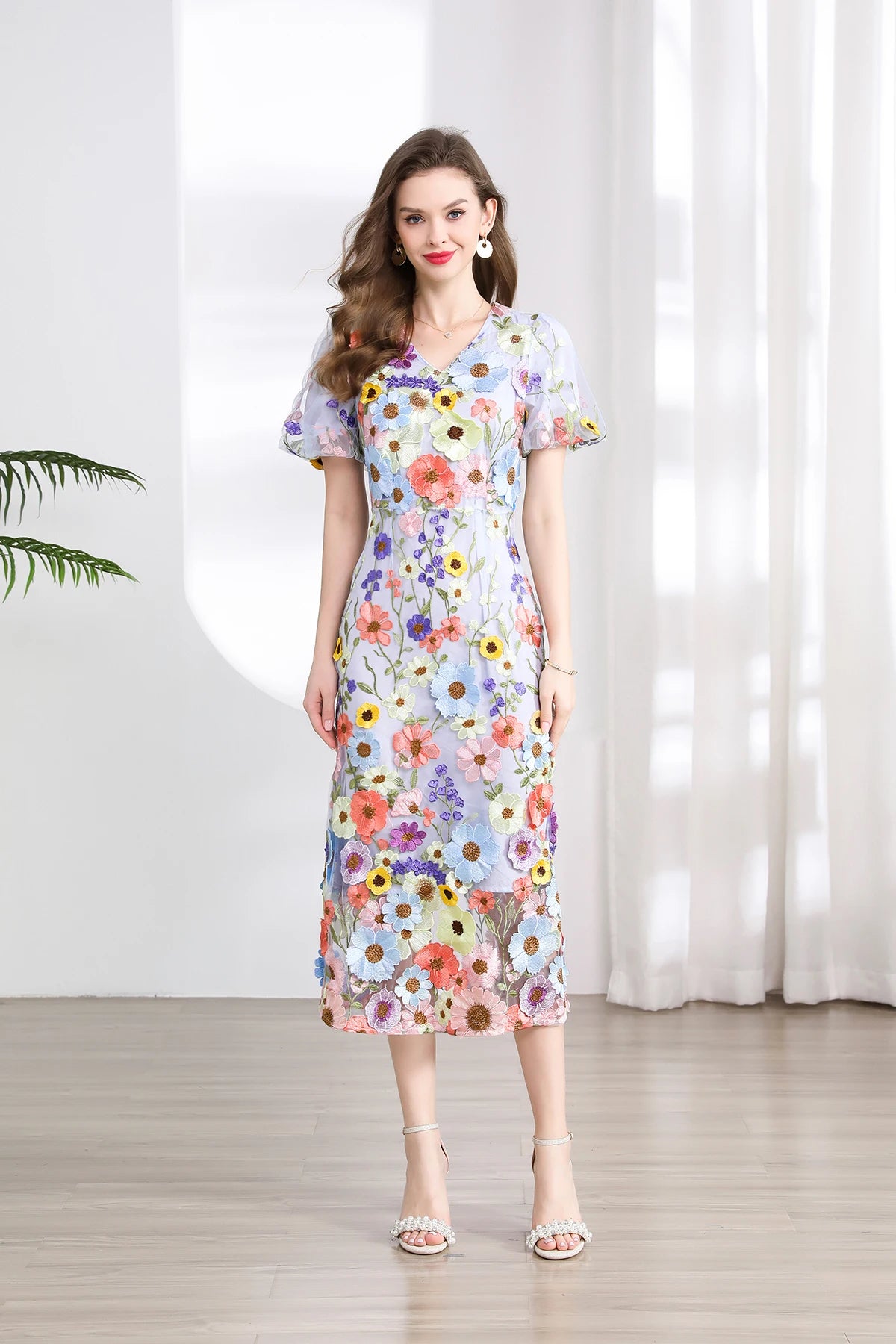 Summer High-end Embroidery Lace Prom Dress Women French Luxury 3D Flower Short Sleeve Long Dress Party Bodycon Holiday Vestido
