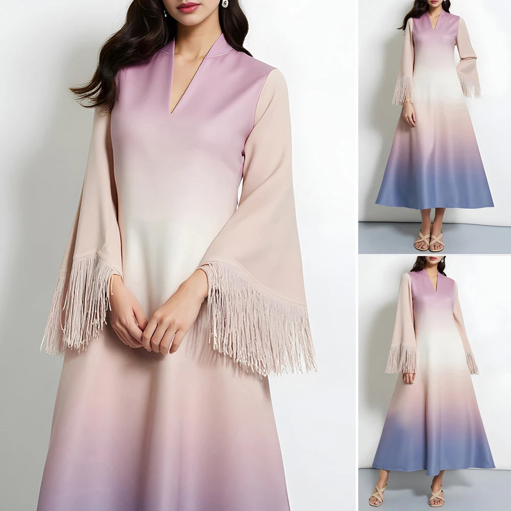 Rafiah Women's Dresses Summer Elegant Decent 2025 Gradient Tassel Long Sleeve V-Neck Midi A Line Casual Long Dress