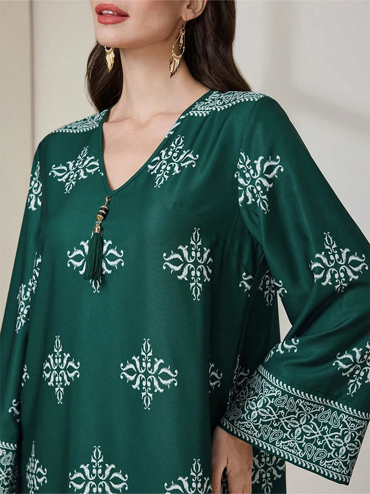 Rafiah dresses 2025 Woman Ramadan Arabic Floral Print V-Neck Long Sleeve Dress for Women Evening Dresses 2025