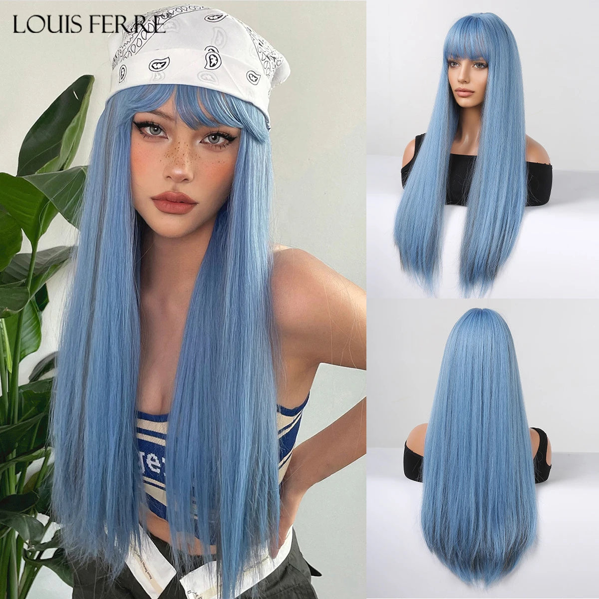 LOUIS FERRE Black Pink Ombre Synthetic Wigs for Cosplay Long Straight Layered Wigs with Bangs for Women Heat Resistant Fake Hair
