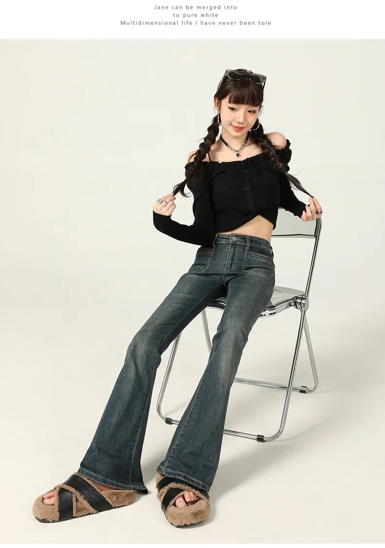American Style Vintage Jeans Women's Slim Fit High Street Bootcut Pants 2024 Autumn Winter Slimming Petite Bootcut Trousers