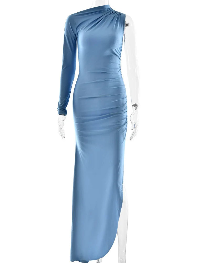 Articat Elegant Single Sleeve High Elasticity Tight Fold Dress Women New 2025 Winter Party Club Evening Dress Bodycon Vestdos