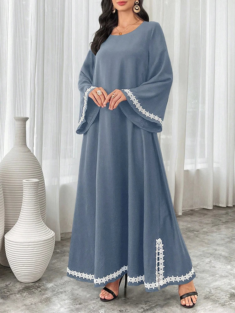 Rafiah Loose Turkish Maxi Dress Color Contrasting Flare Sleeve Crew Neck Stripe Kaftan Jalabiya Abayas Women Appliques