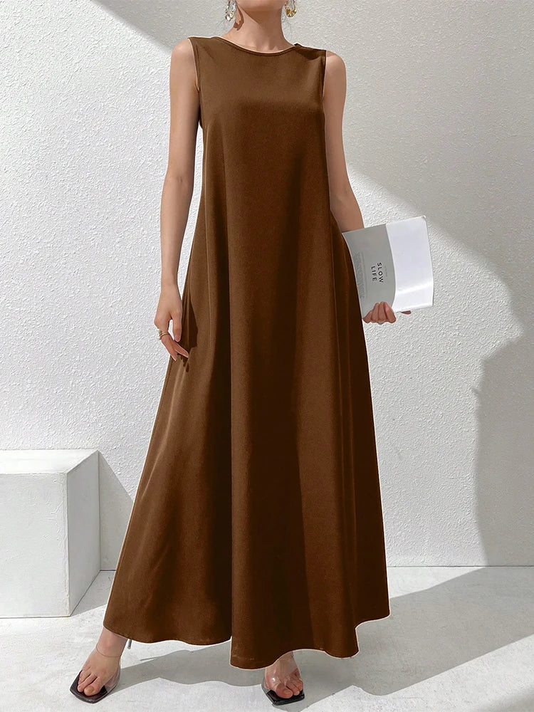 Rafiah Spring Summer Simple K-Fashion Casual Arabic Style Dress Sleeveless Round Neck Solid Color Shift Midi Daily Shift Dresses