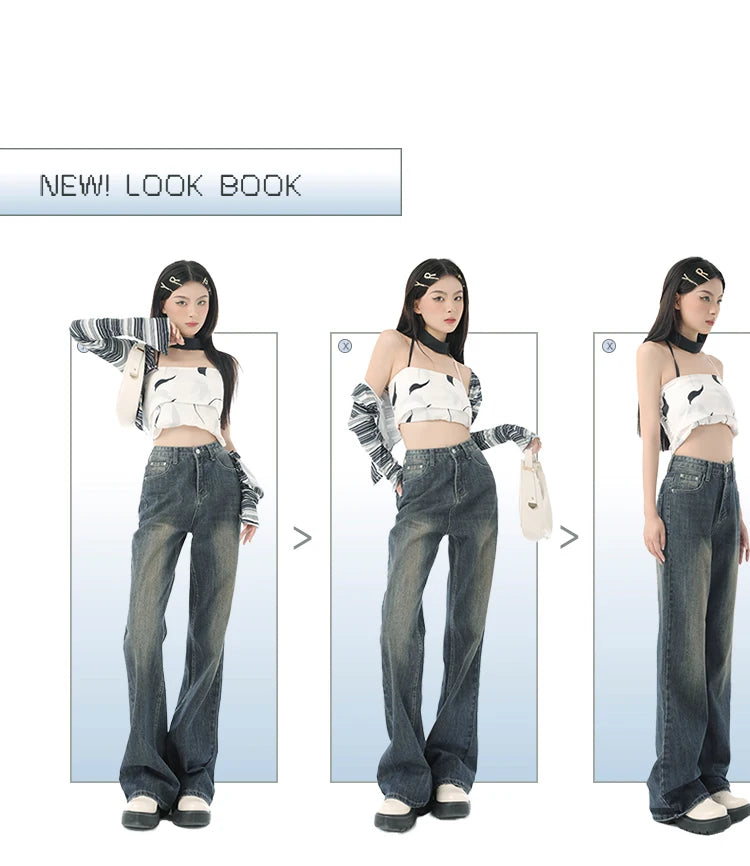 Flare Jeans Pants Women Vintage Denim Ladies Jeans High Waist Fashion Pocket Trousers Wide Leg Jeans