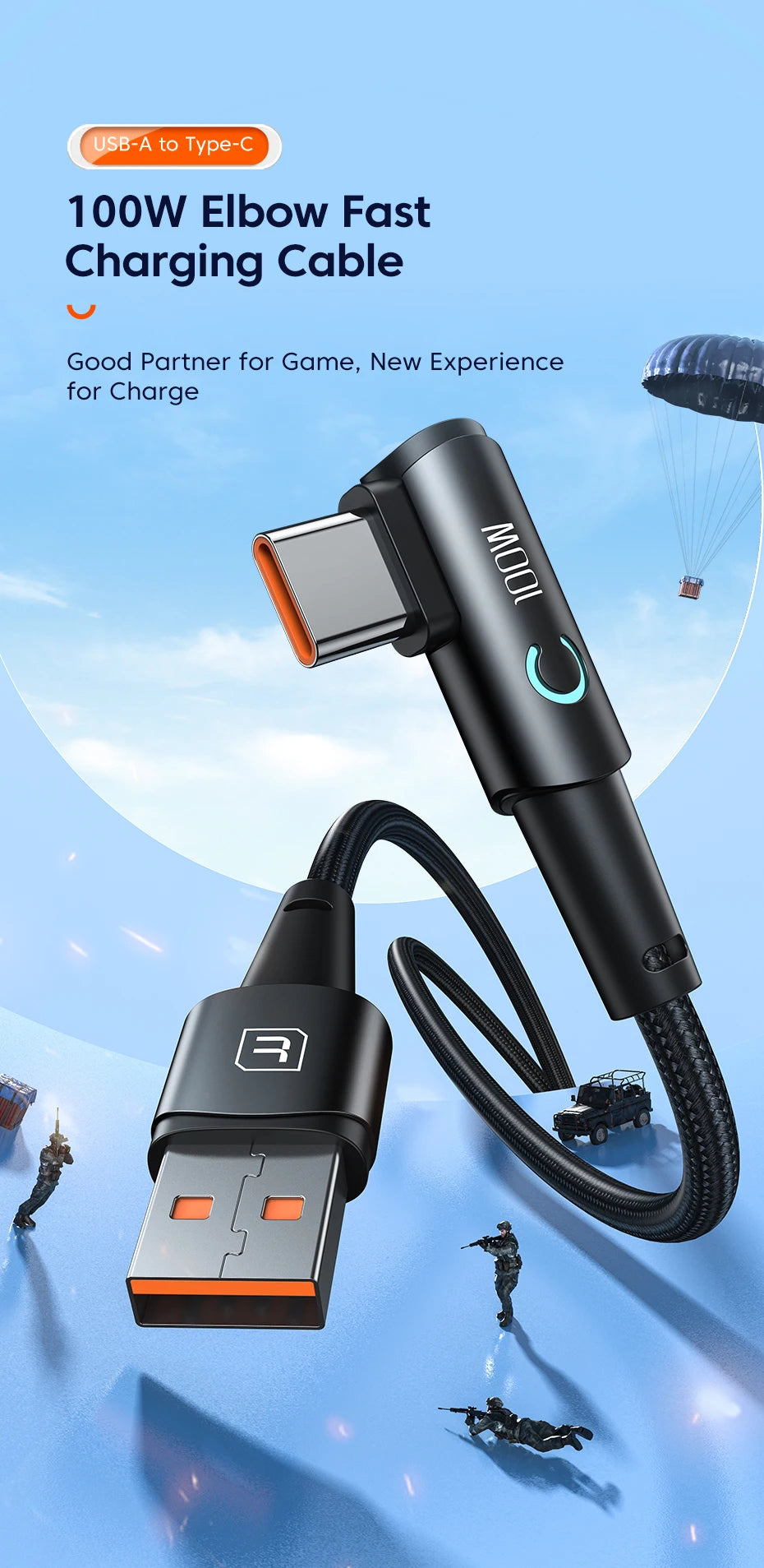 كابل Toocki 6A USB C بزاوية 90 درجة لشحن سريع 100 واط لهاتف OPPO وHonor وHuawei وOneplus وRealme وسلك بيانات الشاحن