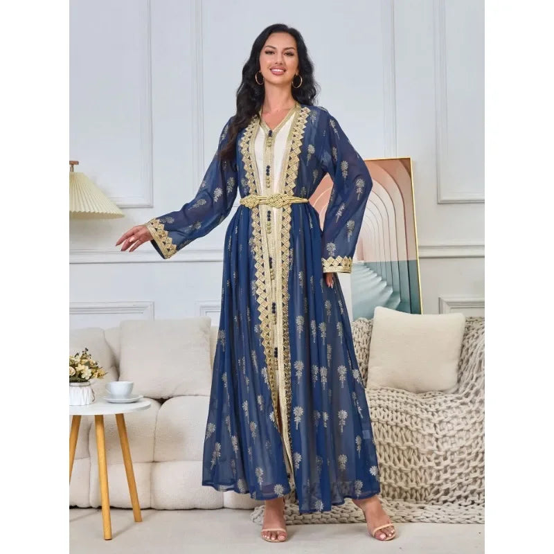 KAF Women Luxury Evening Party Dress 2 Piece Printed Embroidered Cardigan Long Jacket V-Neck Sleeveless Dress 2025 Spring New