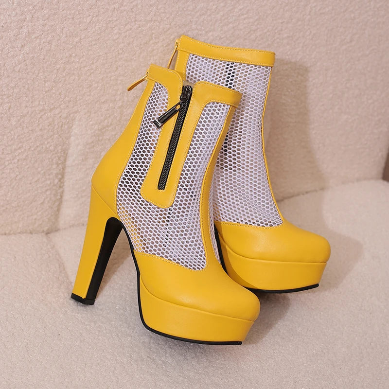 Women’s Summer Ankle Boots – Handmade Mesh + PU Leather – Closed Toe – Platform High Heel – Zip Up – Sizes 4.5–18