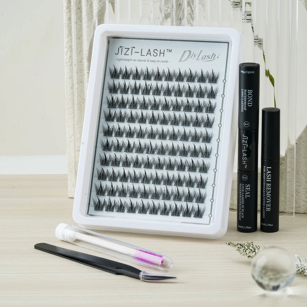 JIZI-LASH False Eyelashes Extensions Kit Lash Bond and Seal Lashes Remover Set 100Pcs DIY Long Clusters D Curved Make Up Tool
