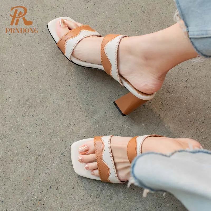 GrabliWorld Women’s Genuine Leather Medium Heel Open Toe Sandals – Summer 2025