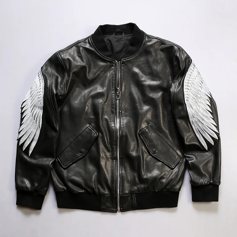 Embroidered eagle wings leather baseball jersey men stand-up collar full vegetable tanned sheepskin genuine leather jacket tops