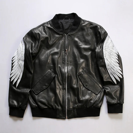 Embroidered eagle wings leather baseball jersey men stand-up collar full vegetable tanned sheepskin genuine leather jacket tops