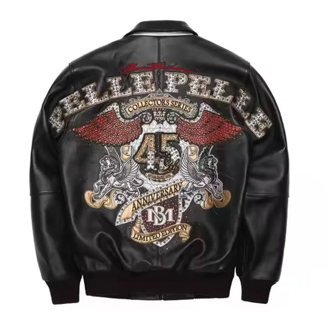 US size men's Hip Hop Sheep skin Varsity Jacket Embroidered Diamond Classic Casual Sport genuine leather Coat tops