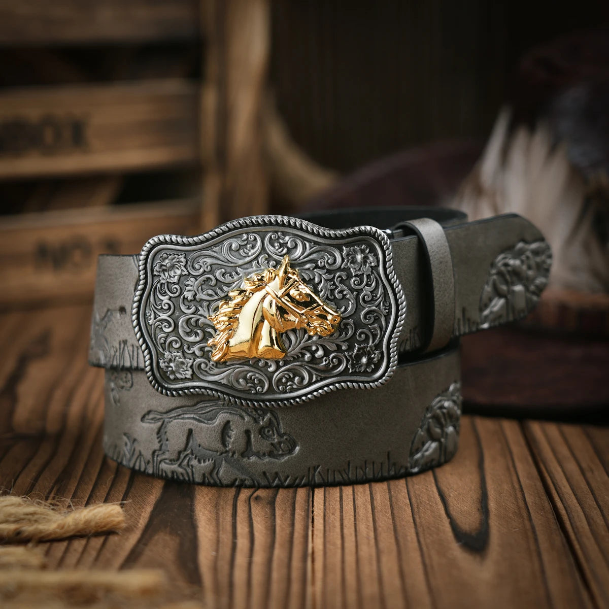 Western Cowboy Leather Buckle Belts Horse Pattern Floral Engraved Buckle Belt for Men