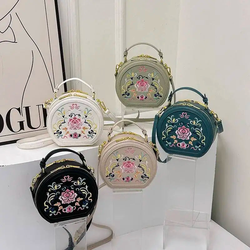 MOTAORA Small Round Women's Shoulder Bag Handmade Leather Embroidered Floral Purse for Teenage Girls Crossbody Bags