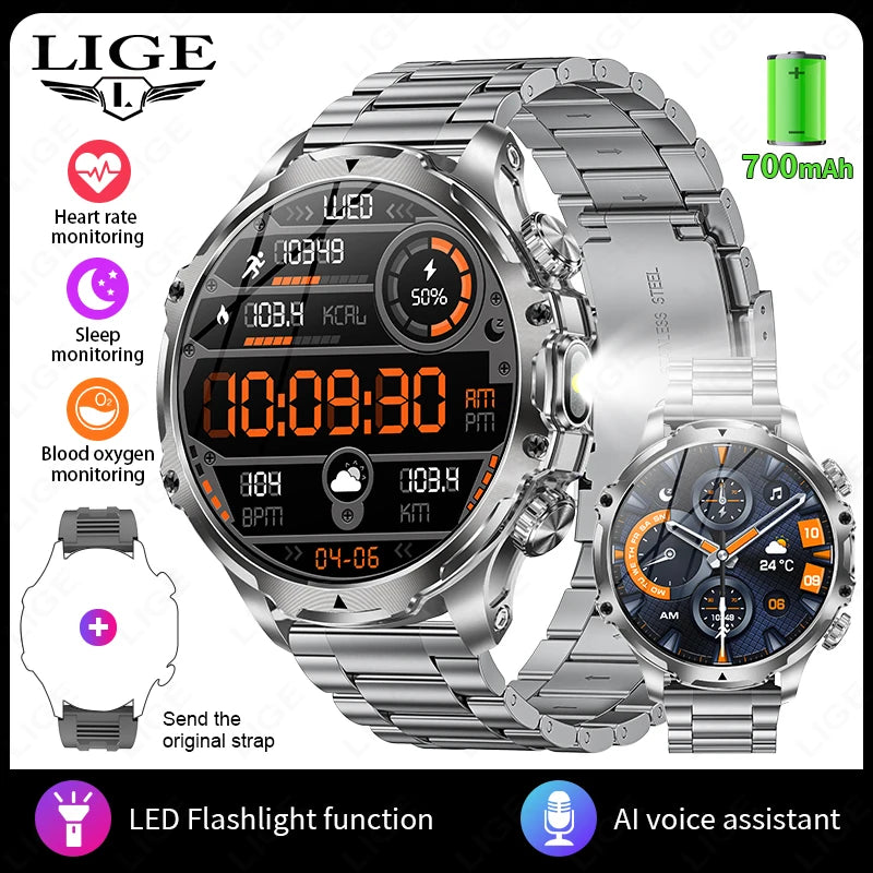 LIGE New 1.9" AMOLED 416*416 Screen Smart Watches Flashlight Outdoors Sports Fitness Tracker 700mah Large Battery Men Smartwatch